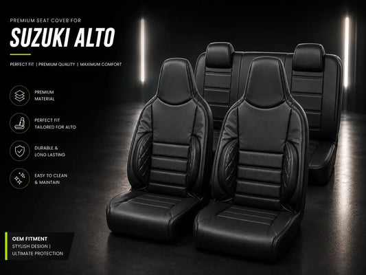 Suzuki Alto bespoke custom-fit black leather seat covers by Asad Autos with premium finish, OEM fit, superior comfort, and durable interior protection.