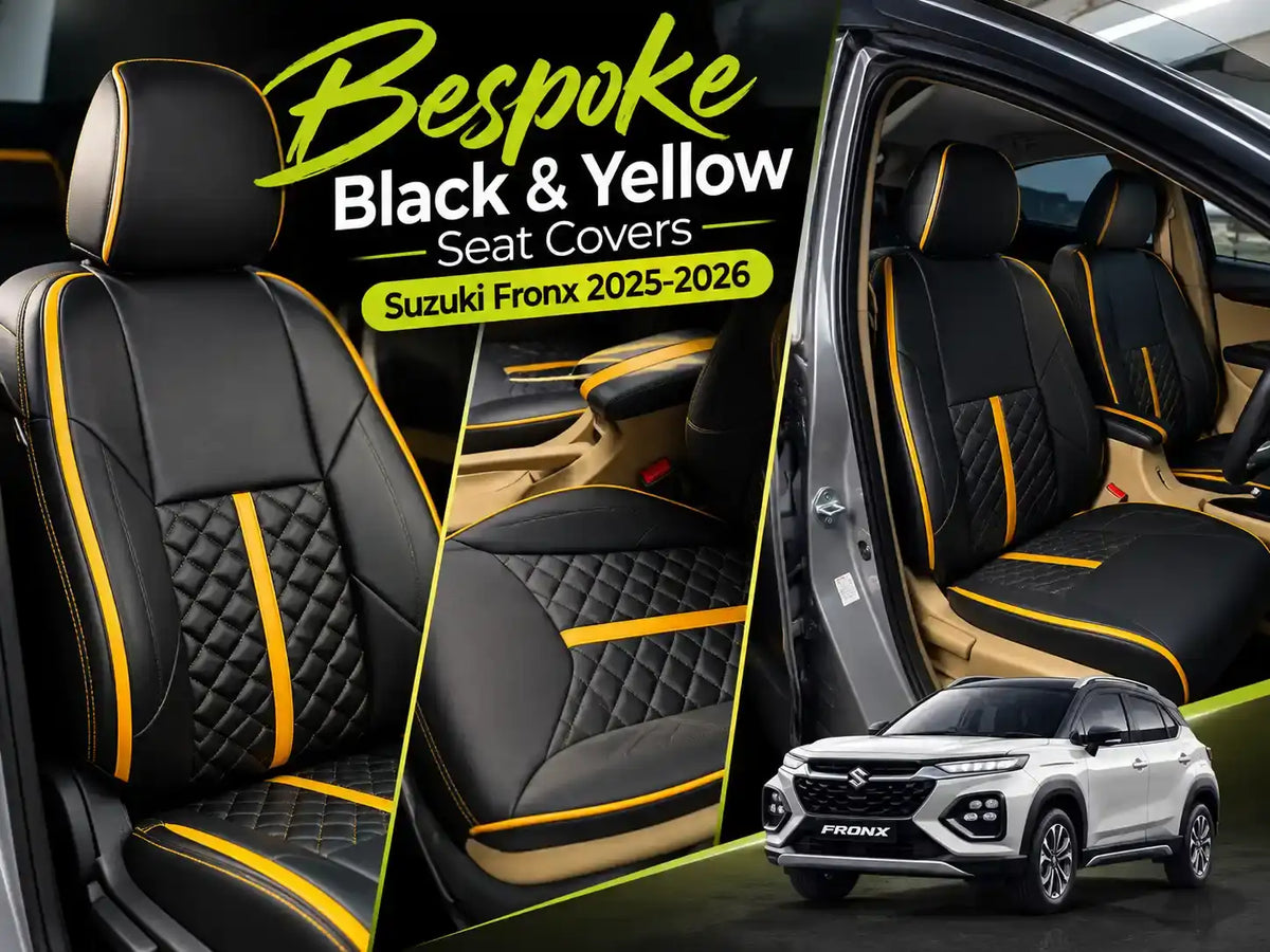 Black and yellow bespoke seat covers fitted on Suzuki Fronx rear seats