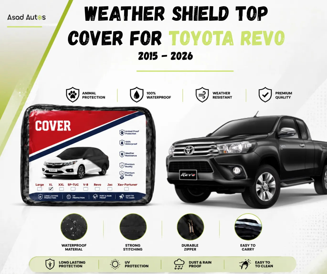 Weather shield top cover protecting Toyota Revo 2015-2026 from rain and dust while parked outdoors - Asad Autos