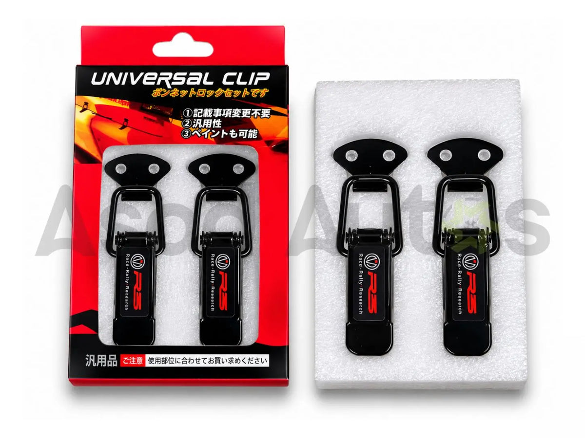 R3 Race Rally Research universal bonnet hood lock clip set 2 piece black