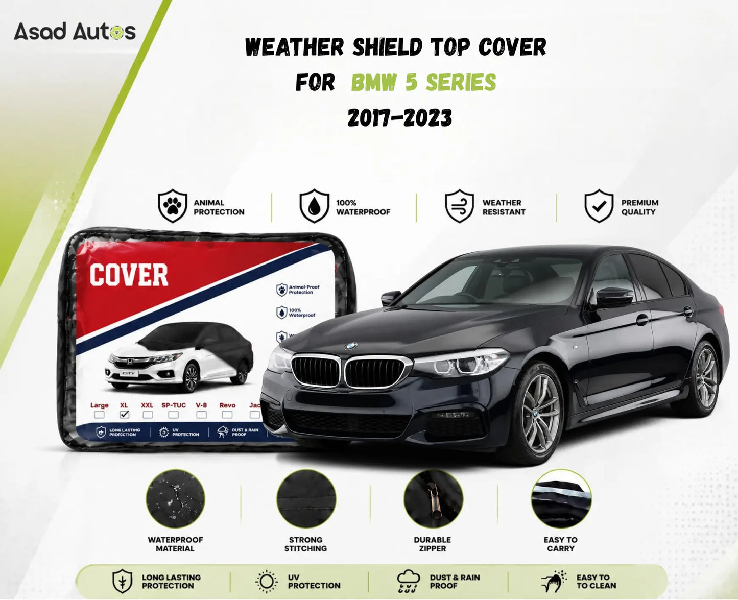 Weather shield black top cover custom fit on BMW 5 Series 2017-2023 sedan for all-weather protection - Asad Autos