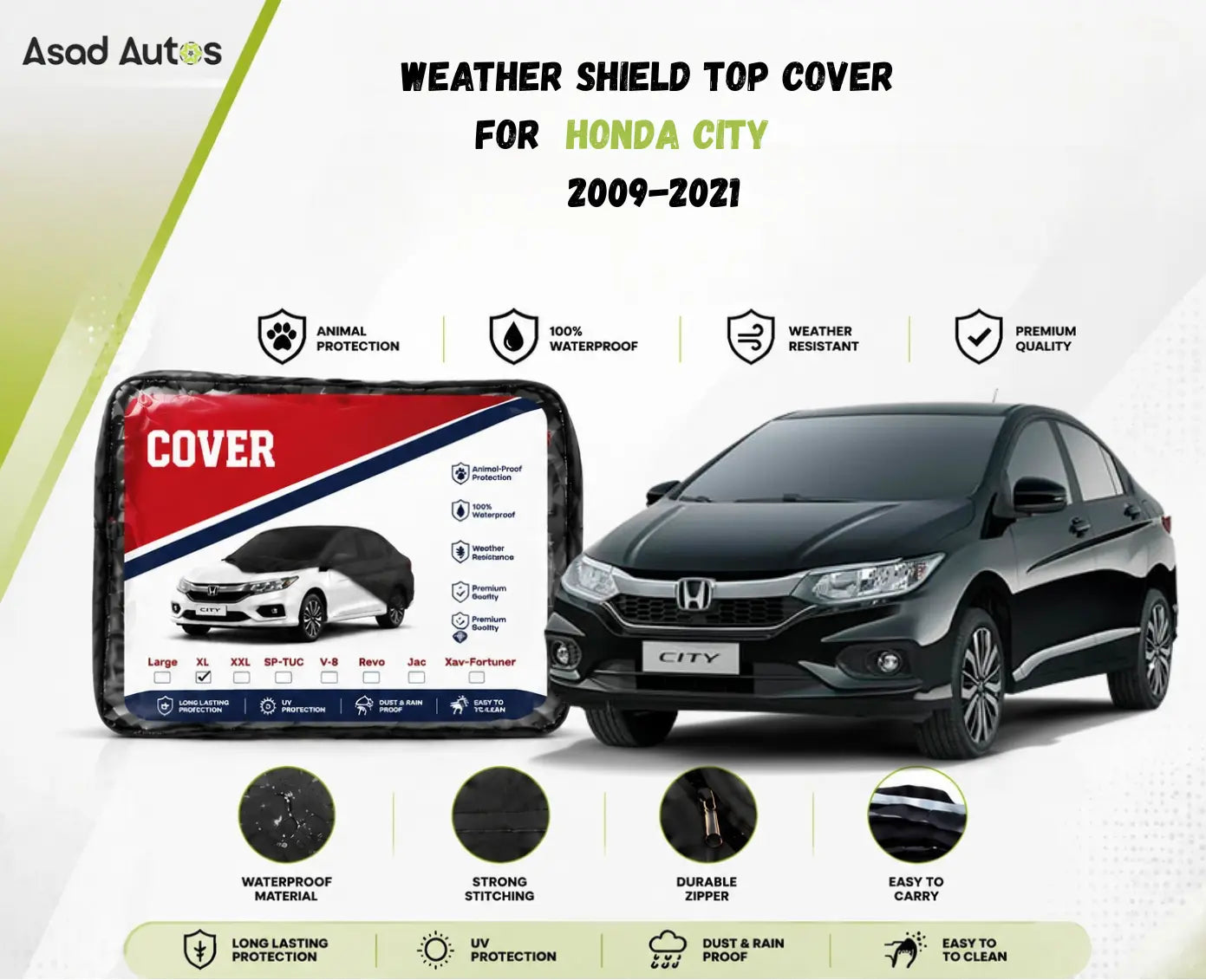 Secure elastic fit detail of weather shield top cover on Honda City 2009-2021 for snug all-weather coverage - Asad Autos