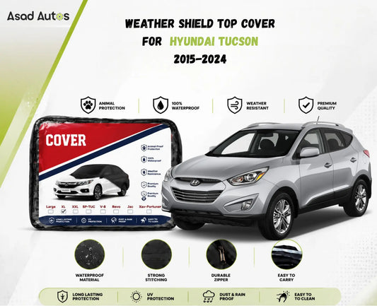 Weatherproof paint-safe fabric close-up of weather shield top cover for Hyundai Tucson 2015-2024 sun rain and dust protection - Asad Autos