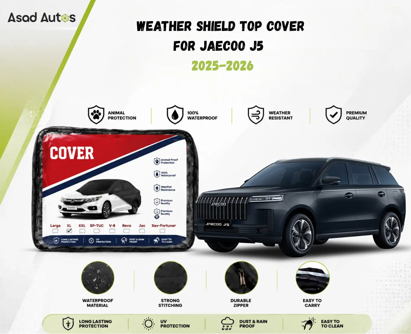 Secure elastic fit detail of weather shield top cover on Jaecoo J5 2025-2026 for snug all-weather coverage - Asad Autos