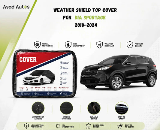 Weatherproof paint-safe fabric close-up of weather shield top cover for KIA Sportage 2018-2024 sun rain and dust protection - Asad Autos