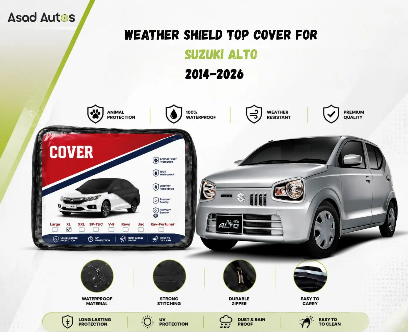 Weather shield black top cover custom fit on Suzuki Alto 2014-2026 for all-weather protection - Asad Autos