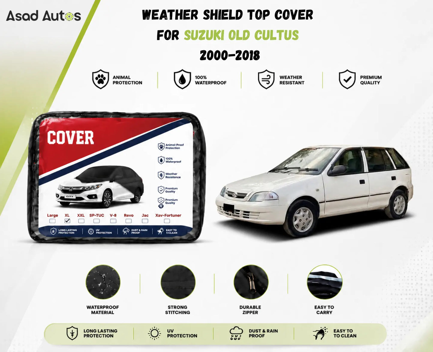 Weatherproof paint-safe fabric close-up of weather shield top cover for Suzuki Old Cultus 2000-2018 sun rain and dust protection - Asad Autos