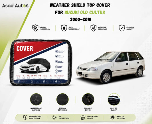Weatherproof paint-safe fabric close-up of weather shield top cover for Suzuki Old Cultus 2000-2018 sun rain and dust protection - Asad Autos