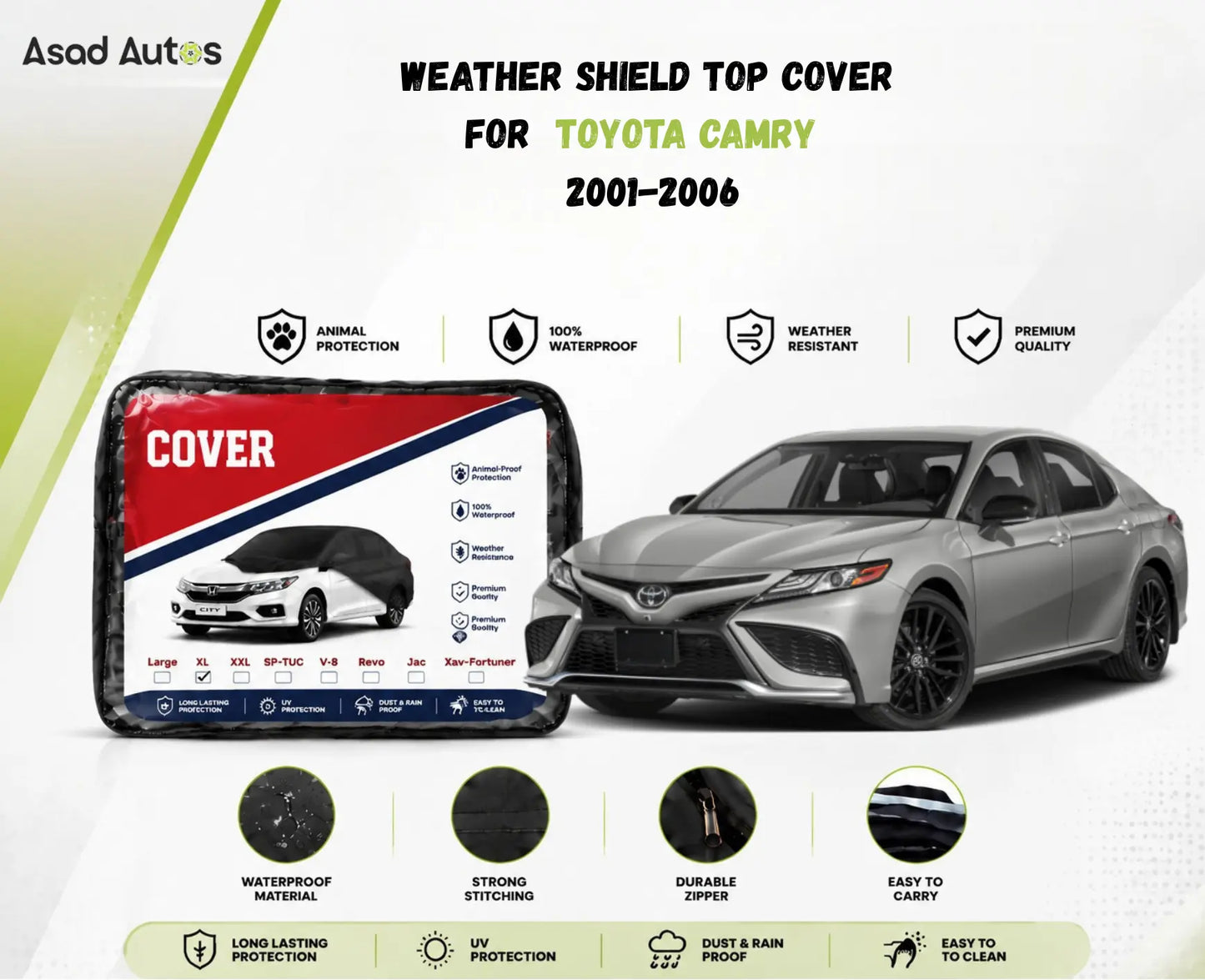 Secure elastic fit detail of weather shield top cover on Toyota Camry 2001-2006 for snug all-weather coverage - Asad Autos