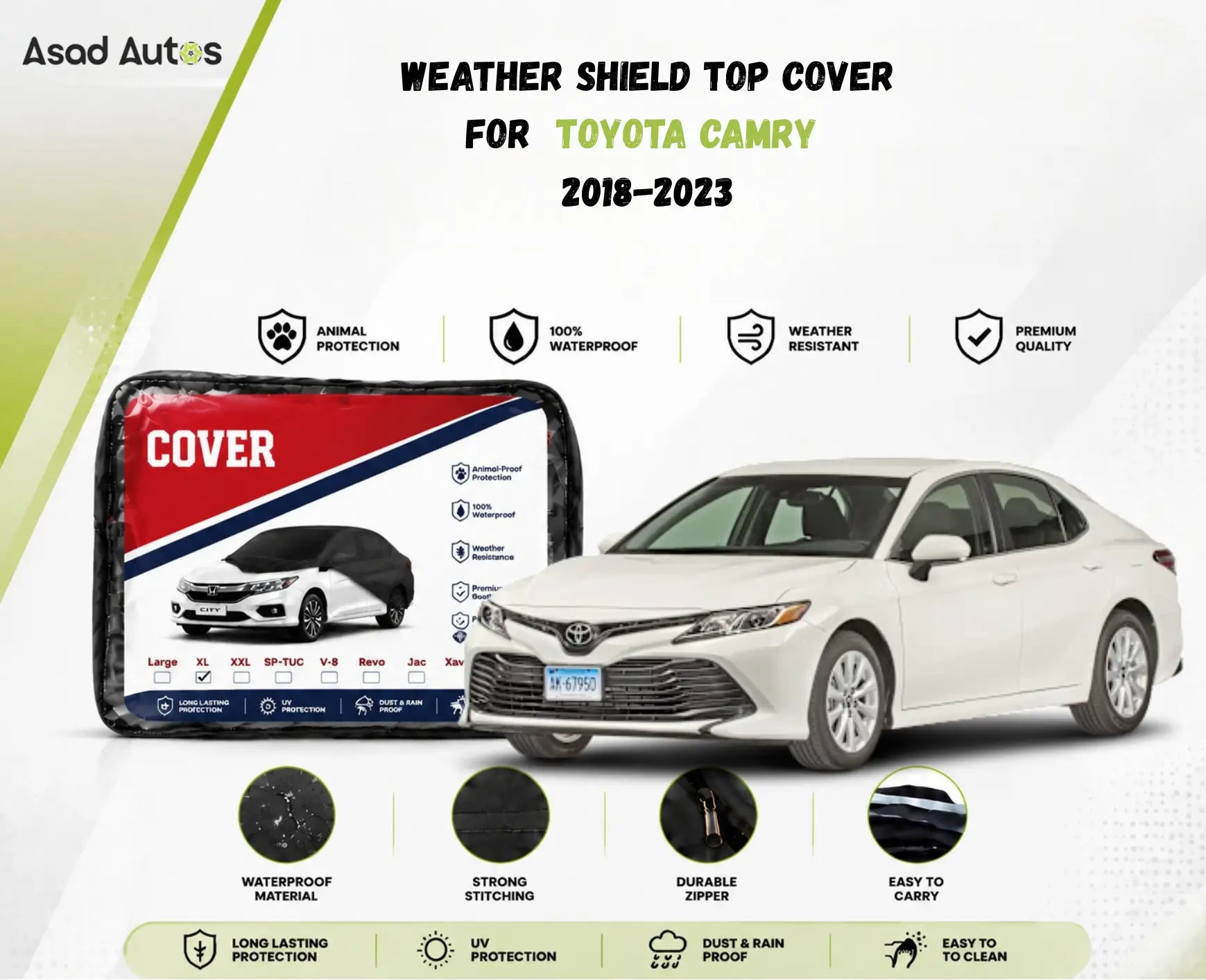 Weather shield black top cover custom fit on Toyota Camry 2018-2023 sedan for all-weather protection - Asad Autos