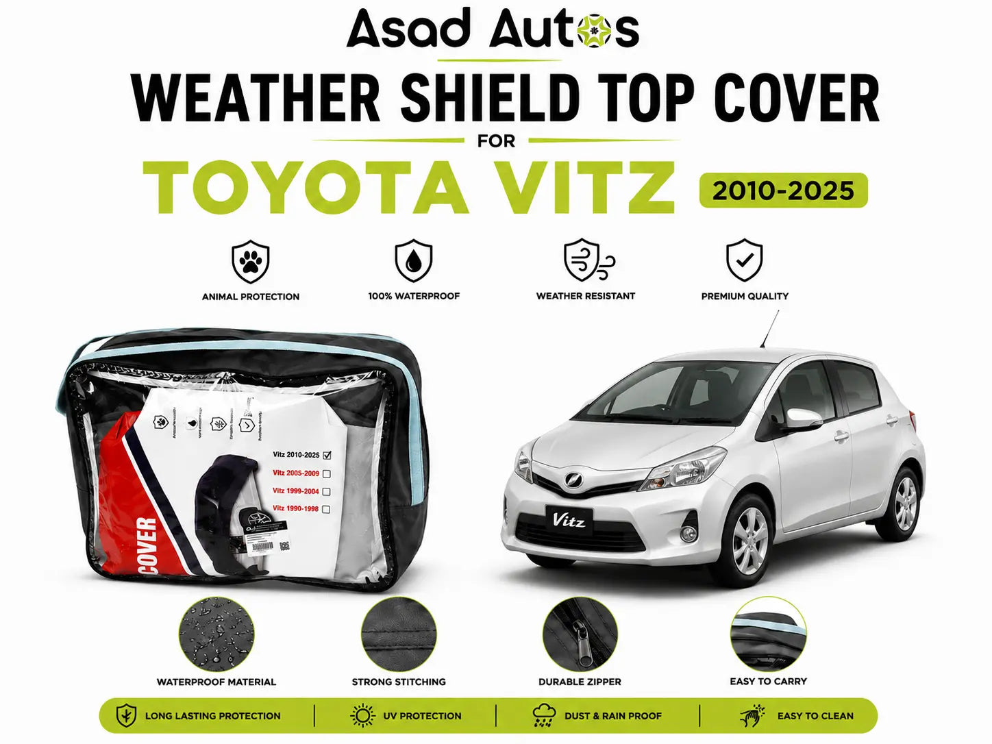 Weather shield black top cover custom fit on Toyota Vitz 2010-2025 for all-weather protection - Asad Autos