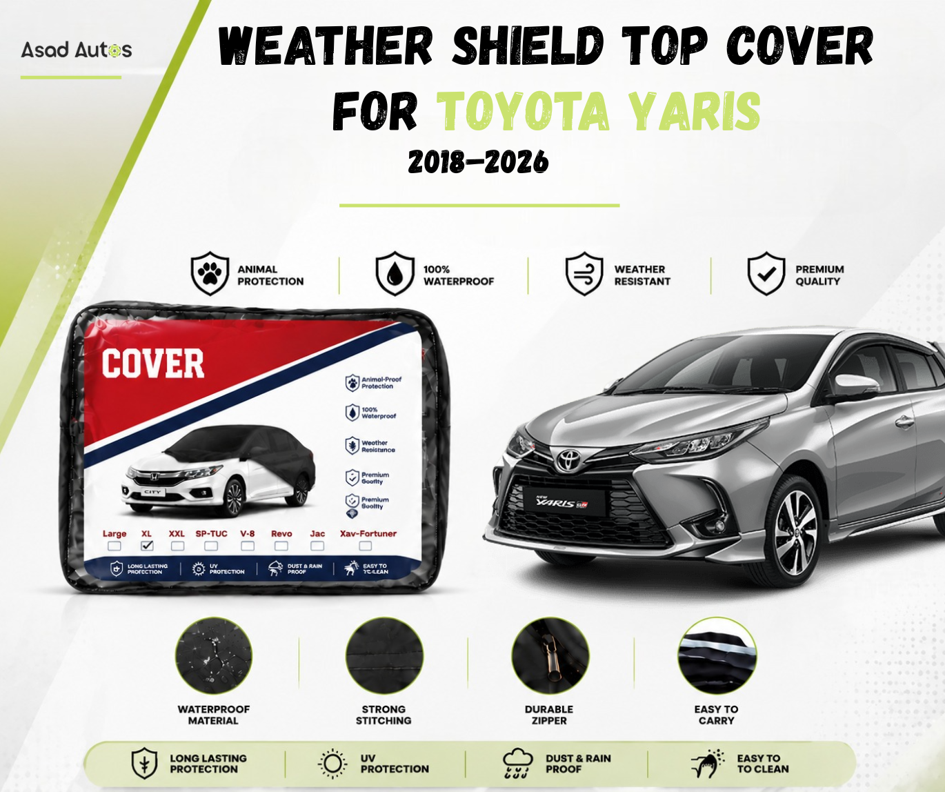 Weather shield top cover protecting Toyota Yaris 2018-2026 from rain and dust while parked outdoors - Asad Autos
